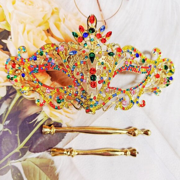 Rainbow Masquerade Mask, Crystal Handheld Mask, Gold Mask, Prom Mask, Pride Mask - Picture 3 of 9